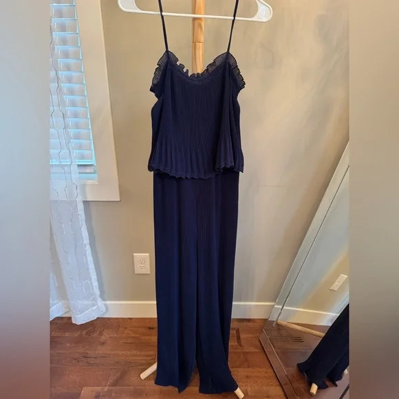 Sézane Anemone Jumpsuit Navy Pleated Strapless Wide Leg | Size 4 - Picture 2 of 5